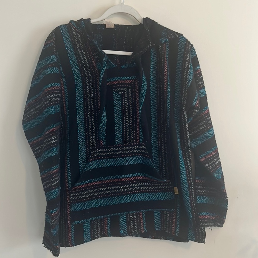 Molina Vintage Baja Sweatshirt Hooded Mexican Striped Textile Pink Blue Festival